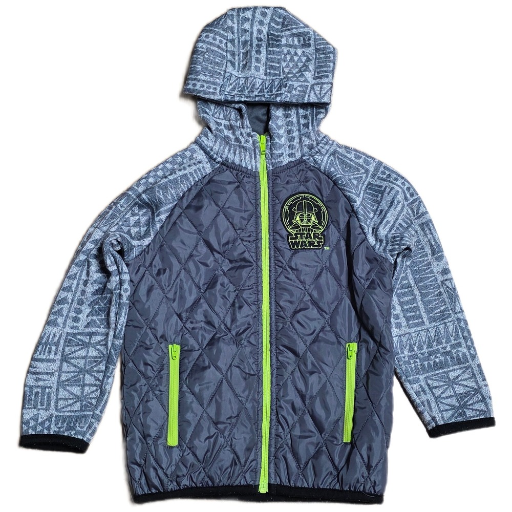 Star Wars Darth Vader Quilted Hoodie Jacket Kid's Size 5 Gray Neon Zip-Up